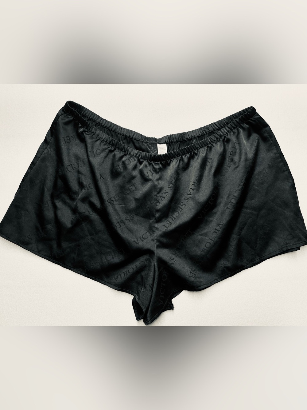 Victoria’s Secret Satin Sleep Shorts • Women’s XL • Black Logo Embossed